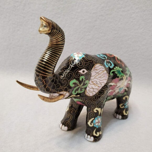 Vintage Cloisonne Elephant Figurine, Enamel, Upraised Trunk Up, Good Luck Statue - Picture 2 of 8